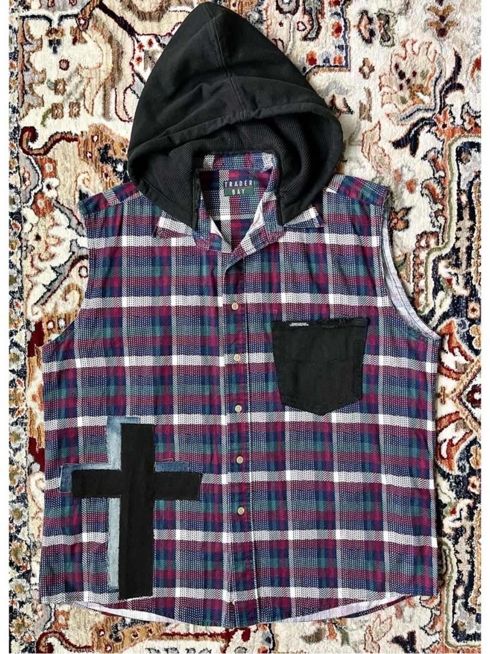 Cross Upcycled Plaid Shirt Grey White Unisex OOAK Jesus Christian L/XL